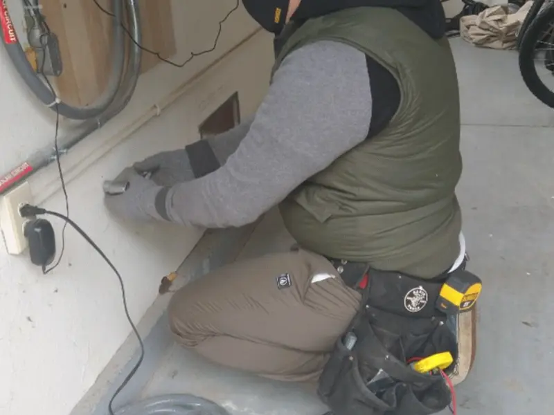 Electrician performing outlet wiring in a Yankton garage